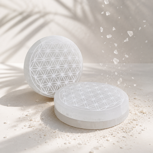 Selenito lėkštelė - padėkliukas Flower of Life 8 cm