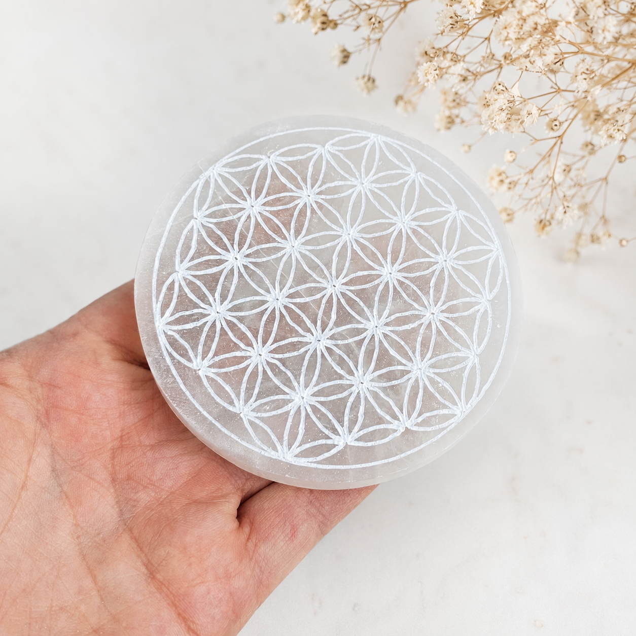 Selenito lėkštelė - padėkliukas Flower of Life 10 cm