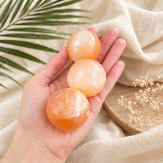 Peach oranžinio selenito rutuliai sferos pasirinktinai 4-6 cm