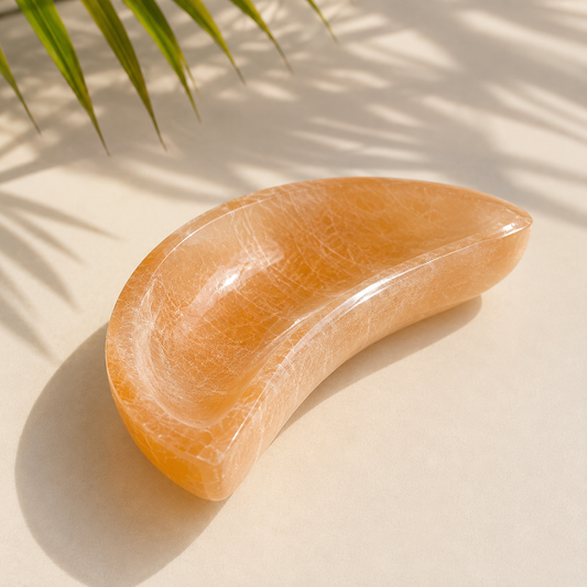 Peach oranžinio selenito dubenėlis mėnulis 12 cm
