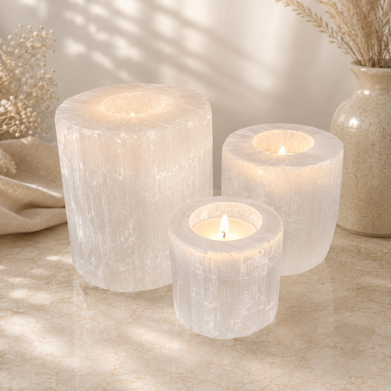 Selenite Candle Holder Hurricane 20 cm