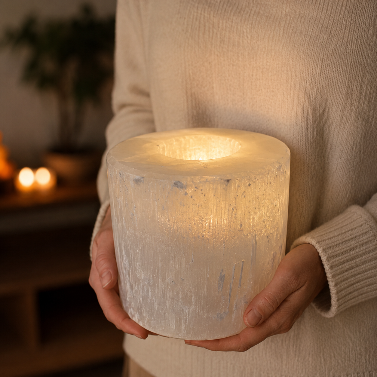 Selenite Candle Holder Hurricane 20 cm